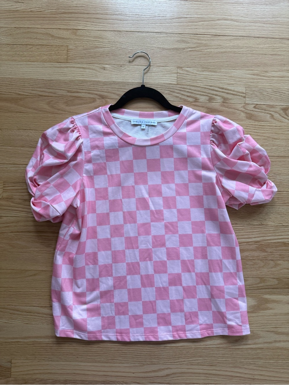 English Factory Pink Checkerboard Puff Sleeve Tee
